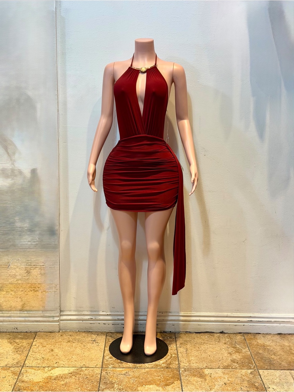 Women's Halter Ruched Mini Dress in Burgundy